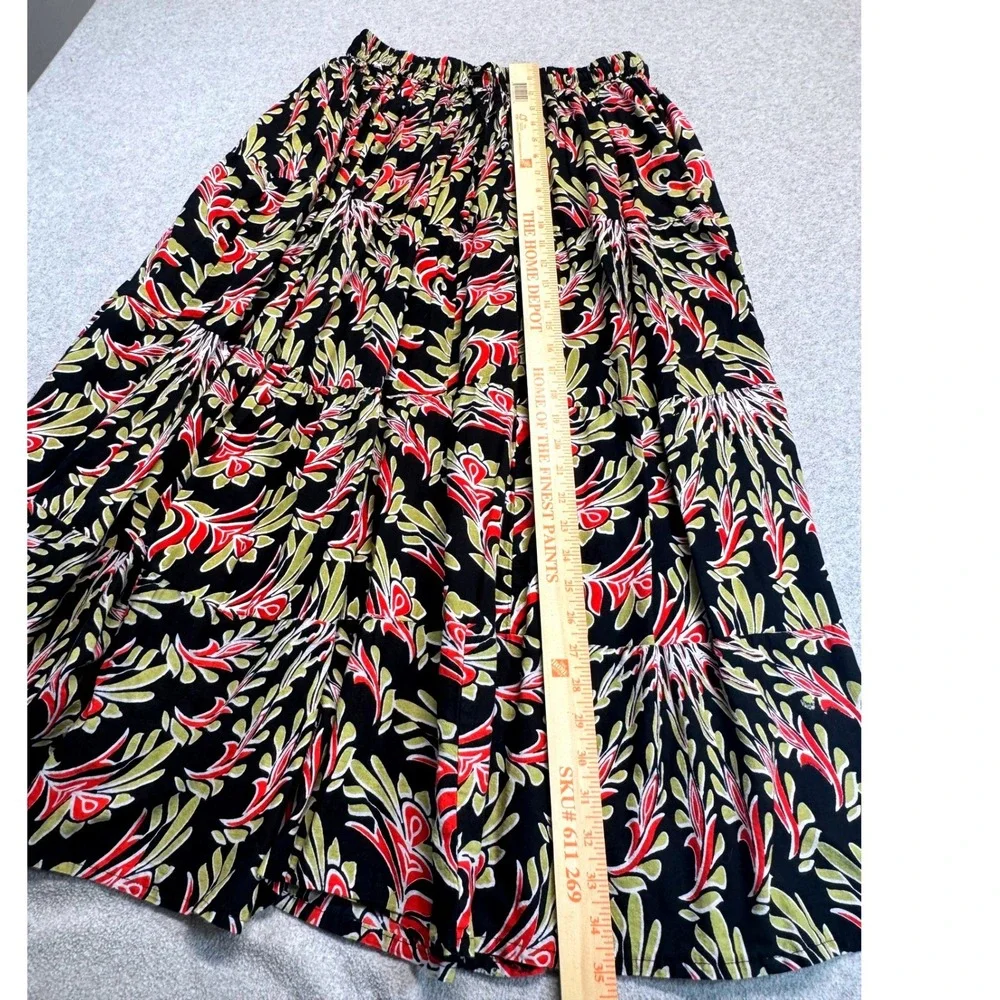 Ashley Taylor Womens Tiered Maxi Skirt Black Red Floral 100% Cotton Size L Flowy